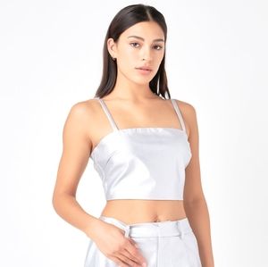 GREY LAB Faux Leather Crop Top Silver Metallic Small